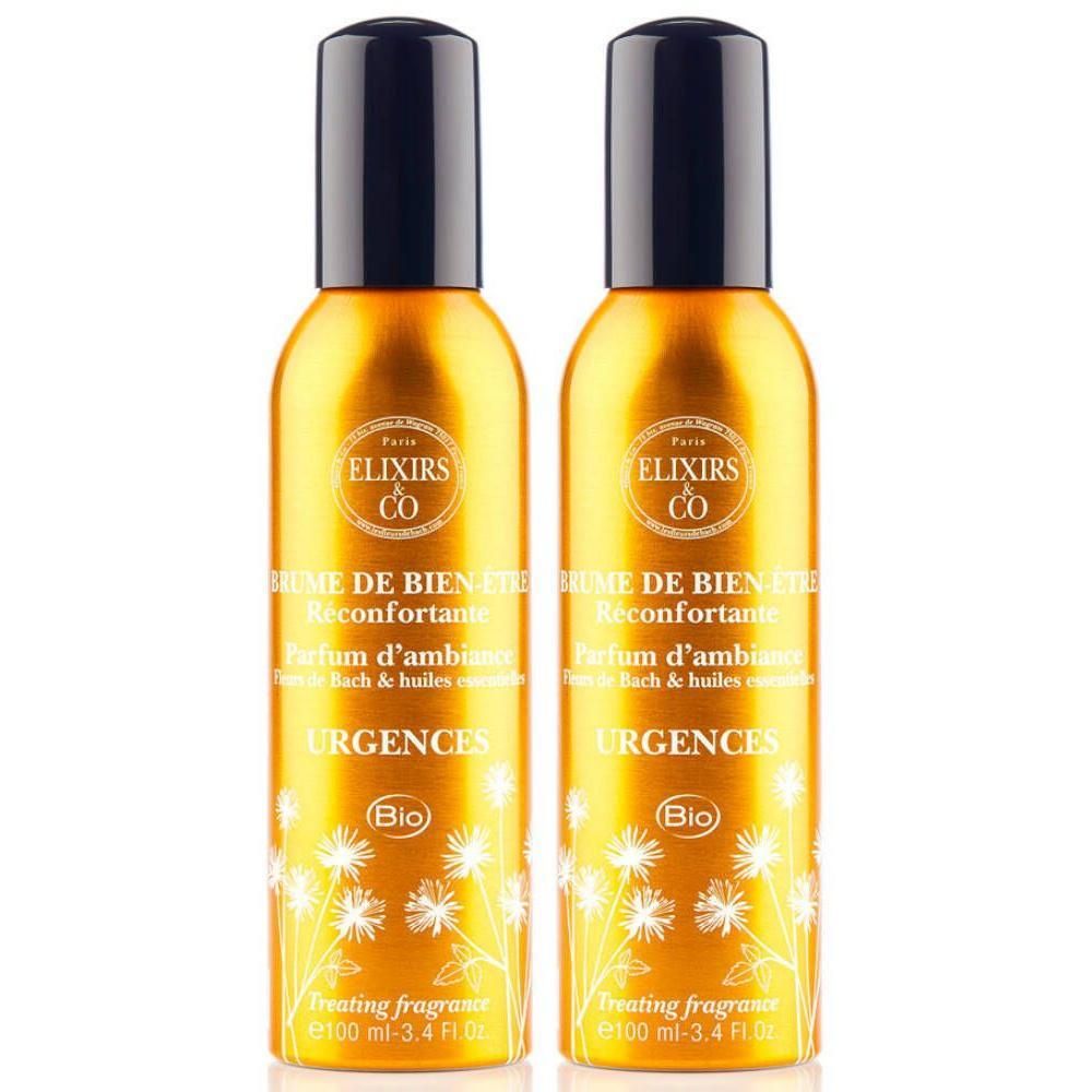 Twee gouden spuitflessen met zwarte dop. Opschriften: Elixirs & Co, Brume de Bien-Être, Urgences, Bio.