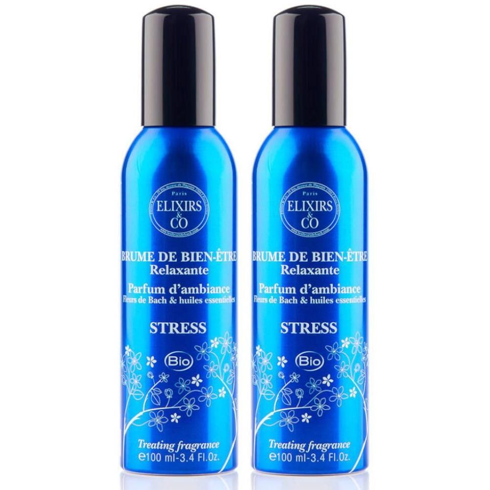 Twee blauwe spuitflessen Elixirs & Co Brume de Bien-Être Stress Bio. 100 ml.