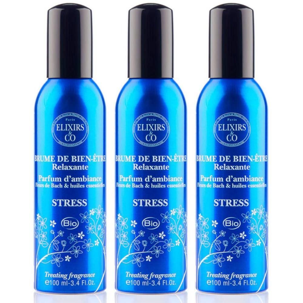 Drie blauwe Elixirs & Co "Stress" roomspray flacons, 100ml.