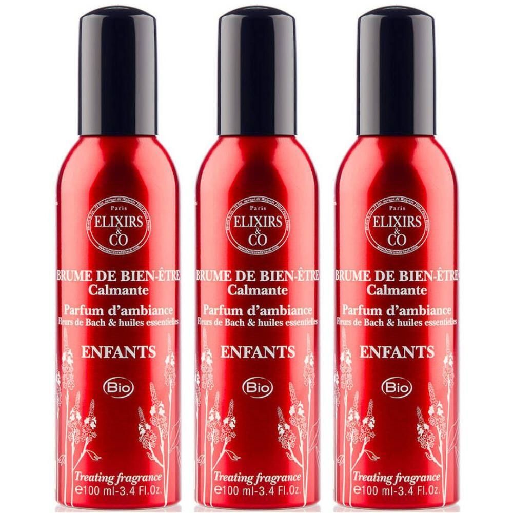 Trois flacons rouges de Brume de Bien-Être Enfants Bio Elixirs & Co. Bouchon noir.