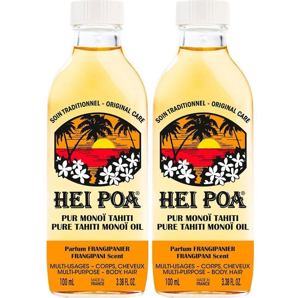 Deux flacons d'huile Hei Poa® Pur Monoï Tahiti Parfum Frangipanier, 100ml.