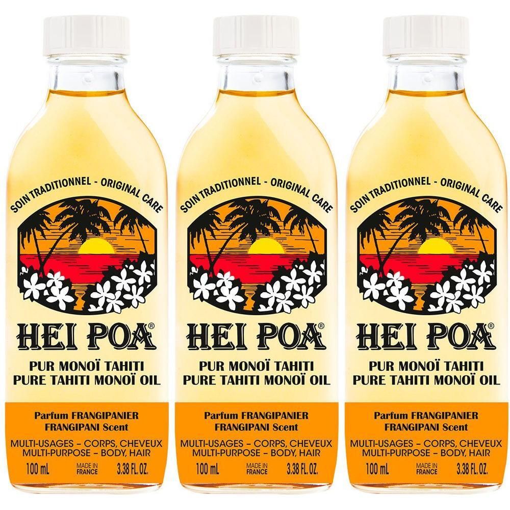 Trois bouteilles d'Huile Hei Poa Pur Monoï Tahiti parfum Frangipanier. Liquide jaune, bouchons blancs.