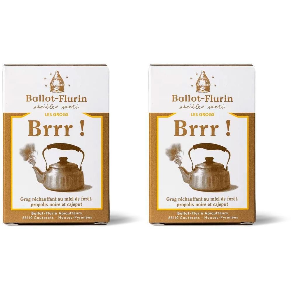 Twee Ballot-Flurin "Brrr !" dozen met een afbeelding van een dampende theepot.