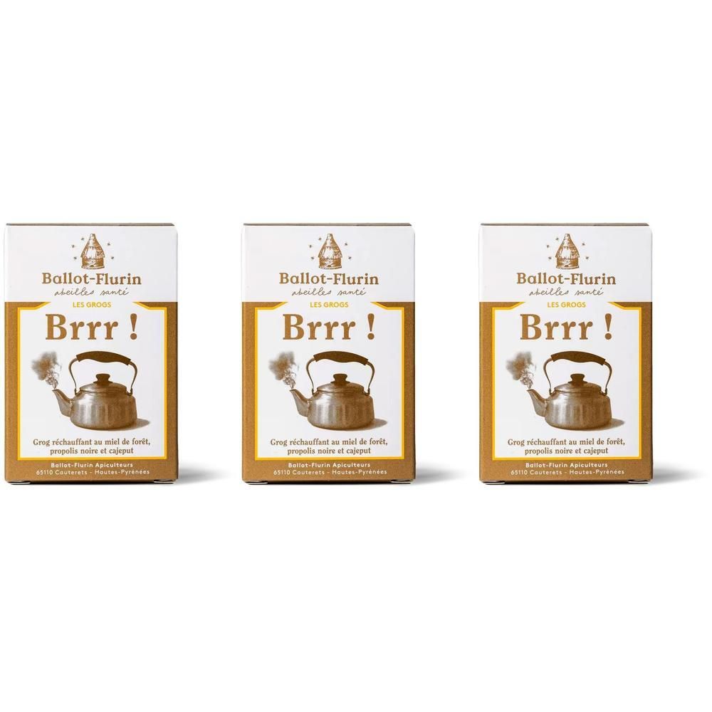 Trois boîtes Ballot-Flurin "Brrr!" avec une image de théière fumante.