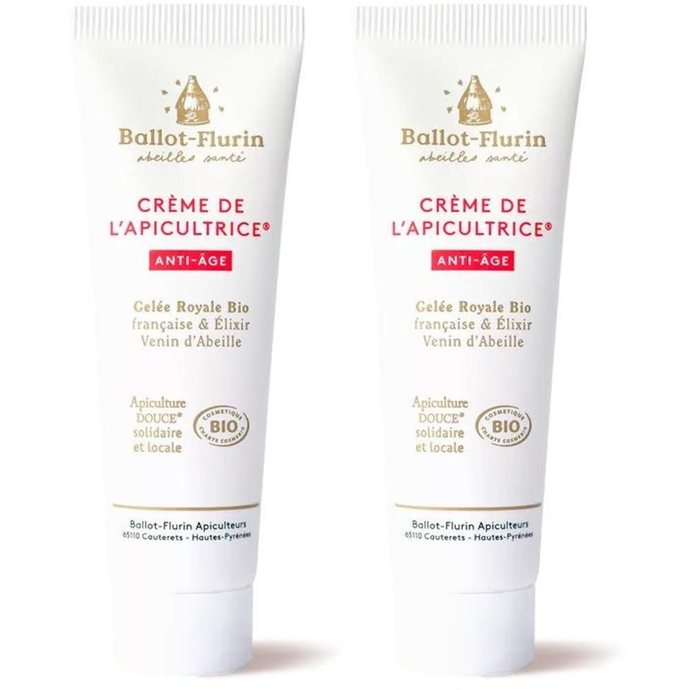 Deux tubes de Crème de l'Apicultrice Anti-Âge Ballot-Flurin avec logo ruche et sceau Bio.