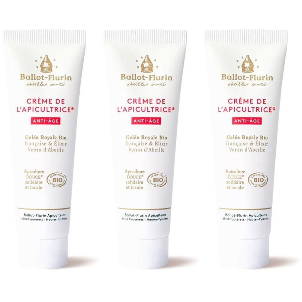 Drie witte tubes met Ballot-Flurin Anti-Aging Crème. Bijenkorflogo en BIO-keurmerk.