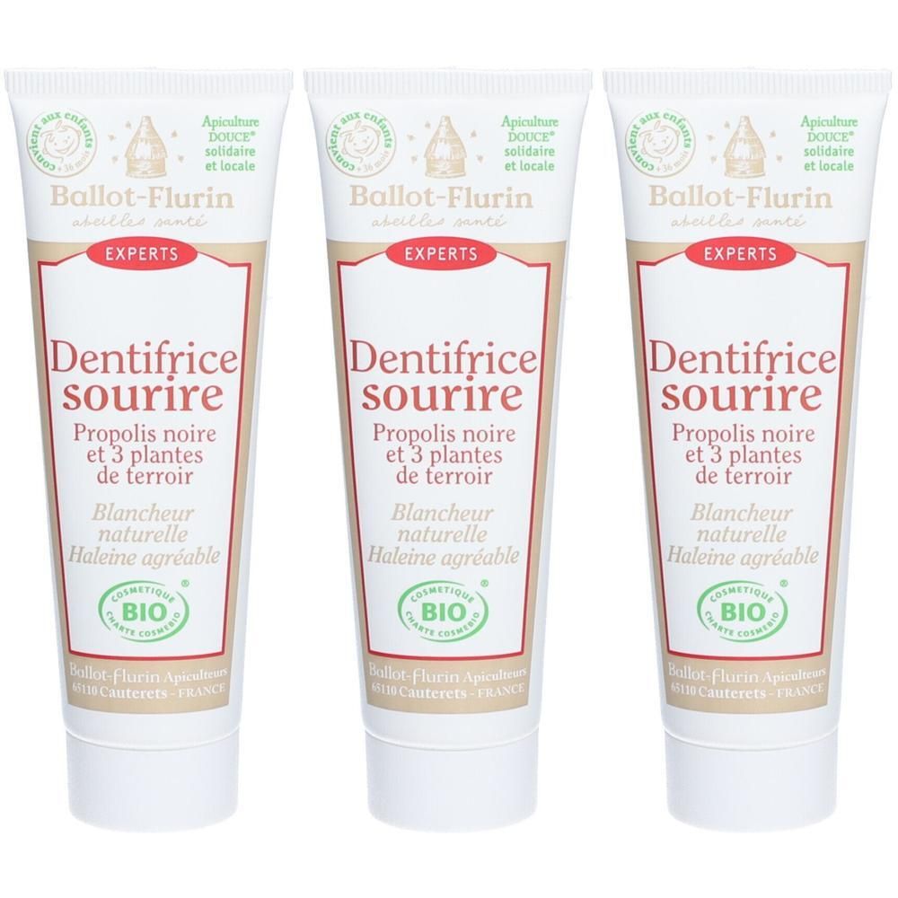 Trois tubes de dentifrice Ballot-Flurin à la propolis et 3 plantes. Label BIO.