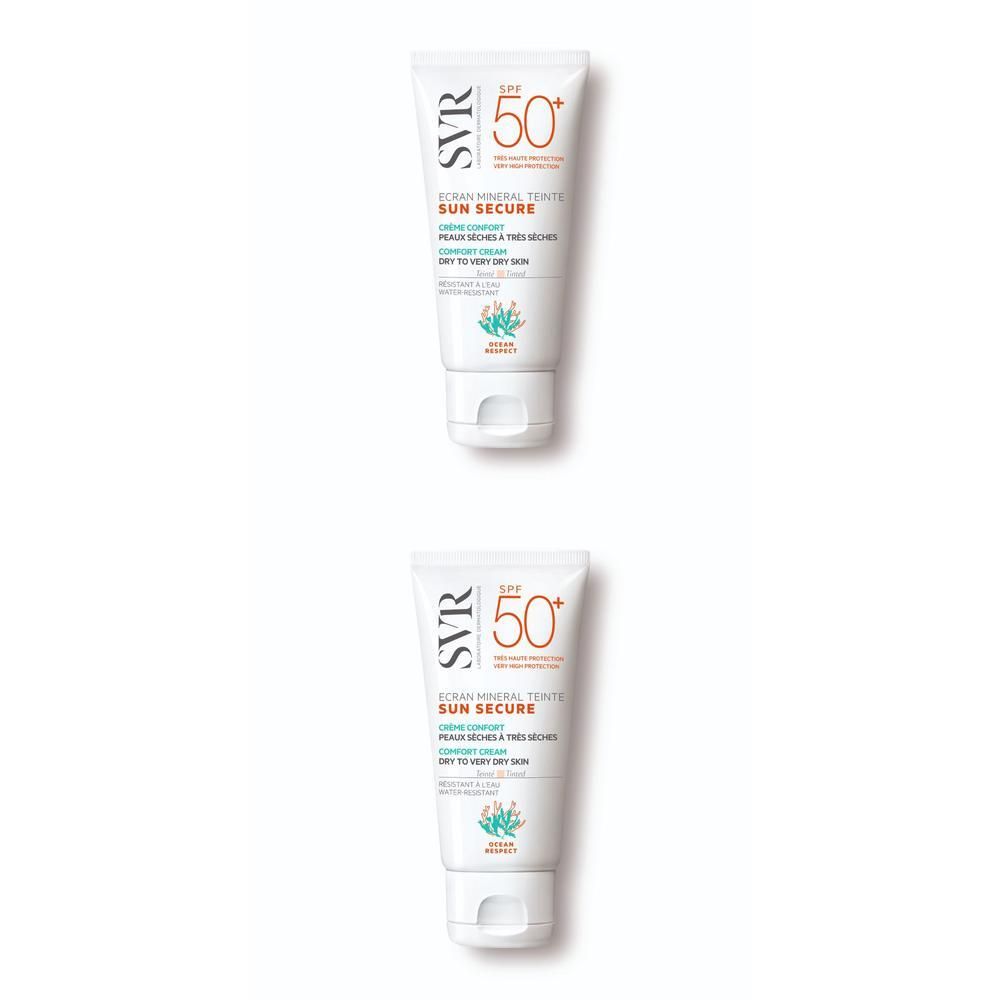 Twee tubes SVR Sun Secure zonnebrandcrème SPF 50+ voor droge tot zeer droge huid.