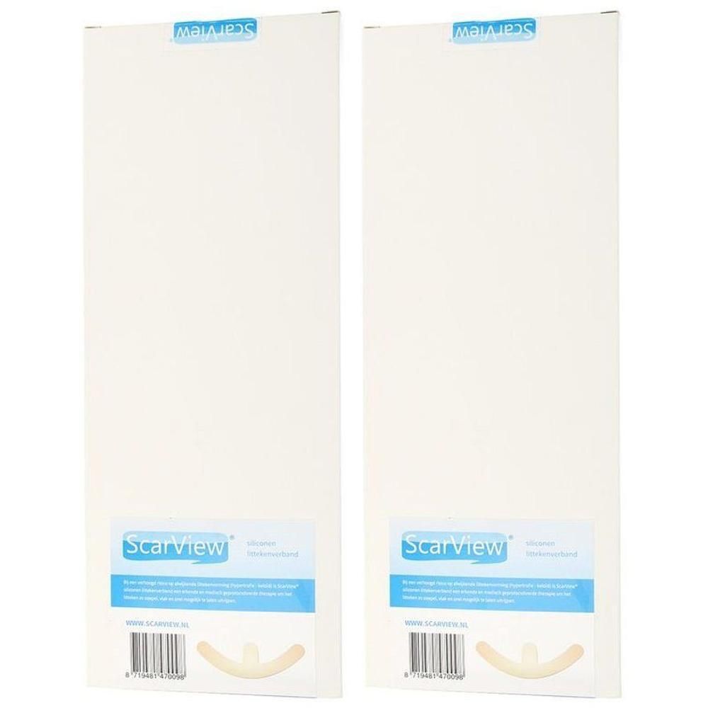 Deux paquets de pansements en silicone Scarview pour cicatrices. Chaque paquet contient un pansement en silicone courbé couleur chair.