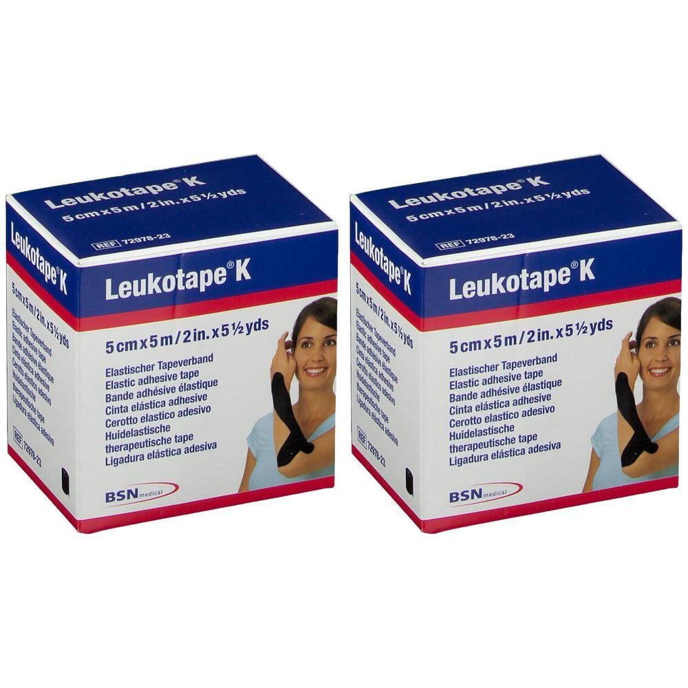 Deux paquets de Leukotape K, 5cm x 5m, bande adhésive élastique.