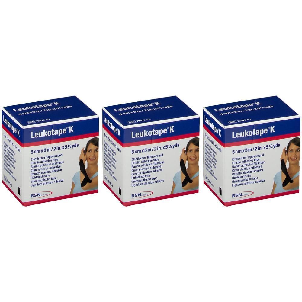 Drie dozen Leukotape K, elastisch tape, 5cm x 5m.