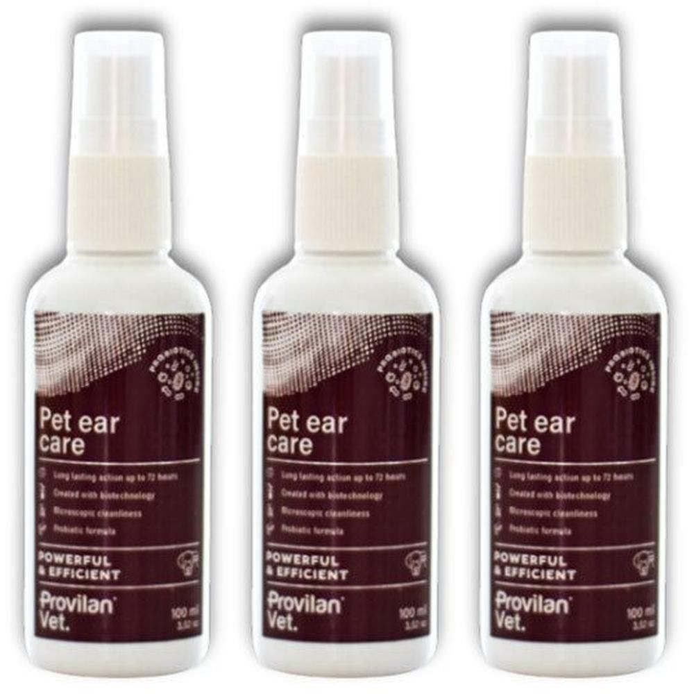 Trois flacons de Provilan Vet. Pet Ear Care pour animaux, chacun de 100 ml.