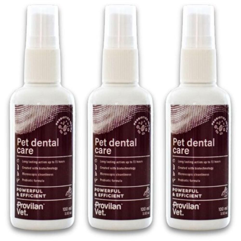 Trois flacons pulvérisateurs Provilan Vet. Pet Dental Care, chacun de 100 ml.