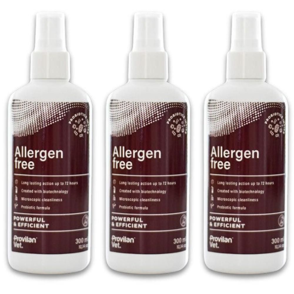 Drie flessen Provilan Allergen Free spray, 300ml. Probiotische formule voor krachtige en efficiënte reiniging.