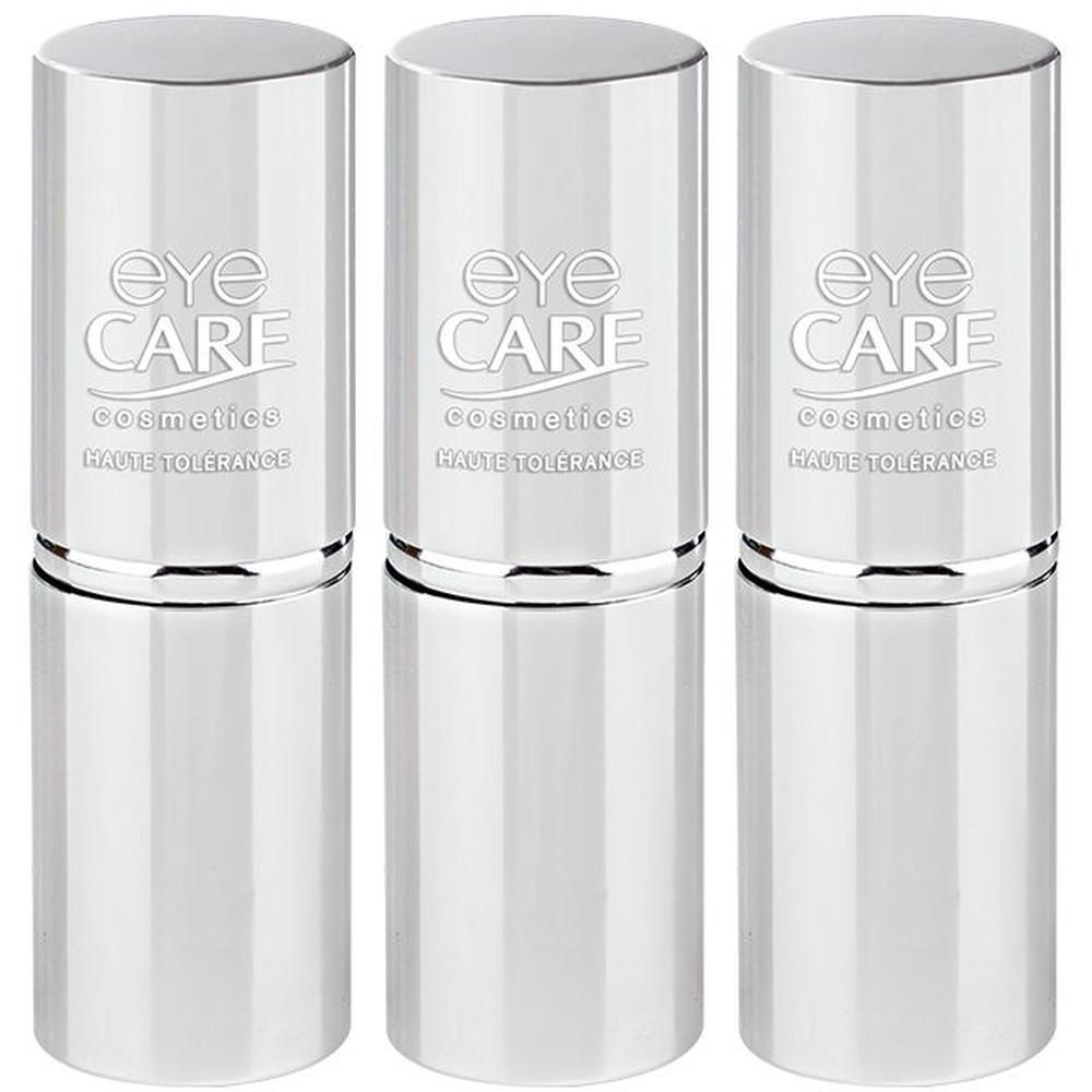 Drie zilverkleurige houders met opschrift "Eye Care Cosmetics Haute Tolerance".