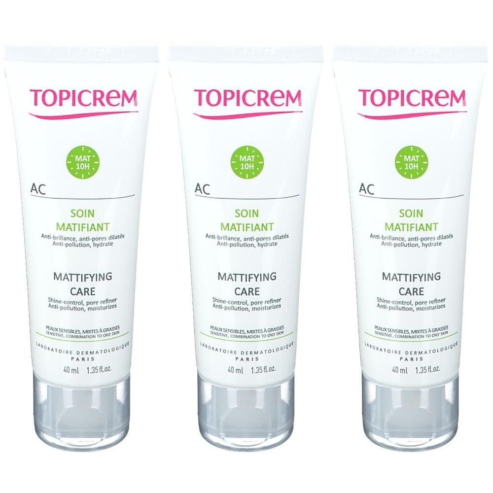 Trois tubes Topicrem AC Soin Matifiant de 40 ml chacun.