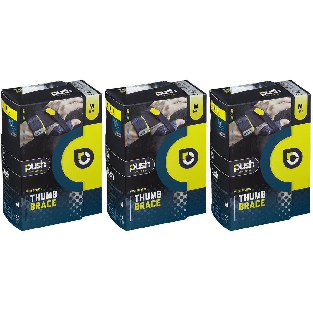 Trois paquets de bandage pour pouce Push Sports, taille M. L'emballage montre une main avec un bandage.