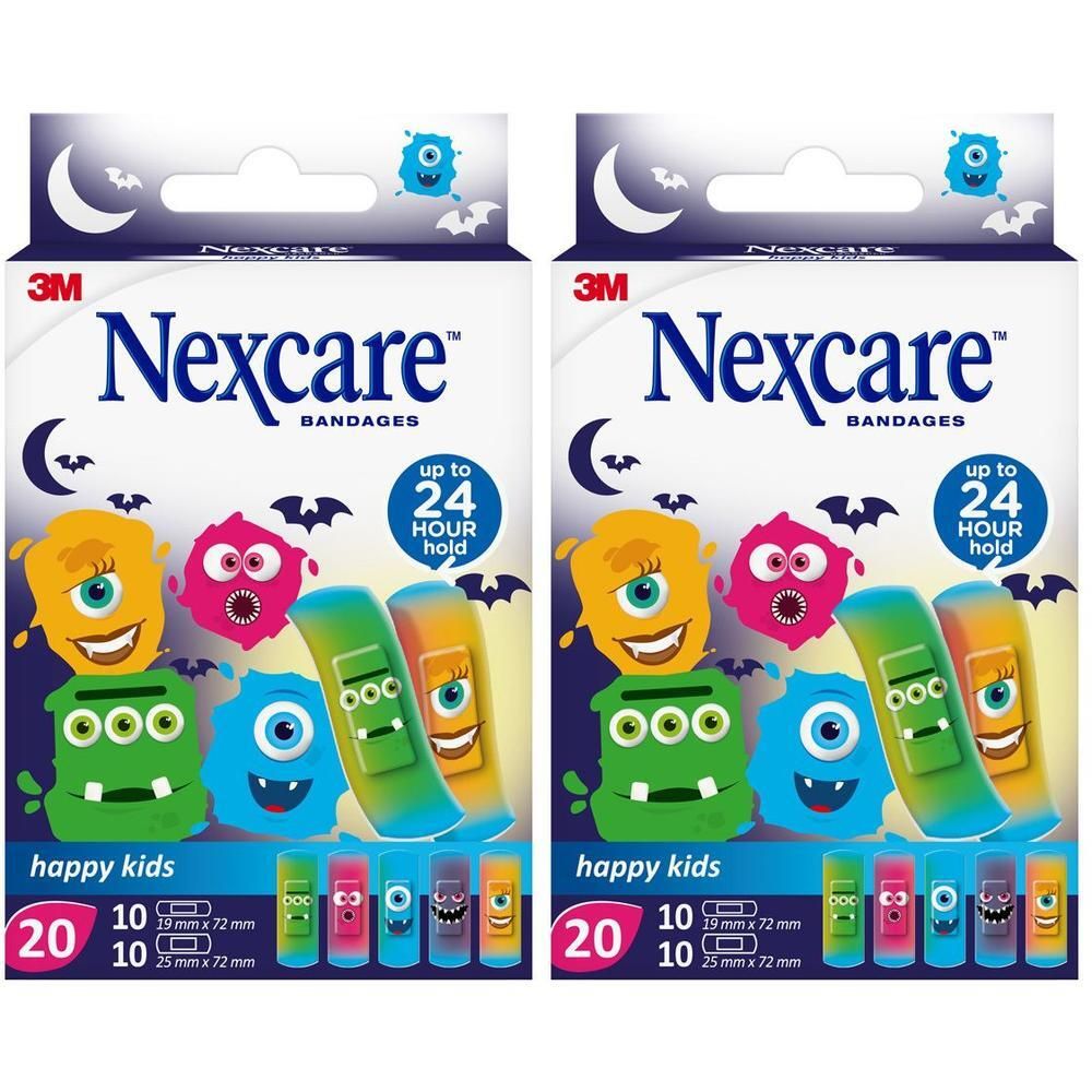 Twee pakken Nexcare Happy Kids pleisters met monsterprints. Elk pak bevat 20 pleisters.