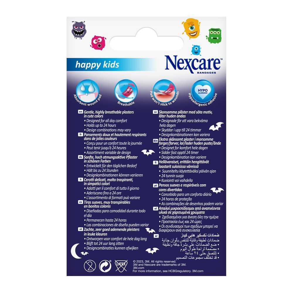 Achterkant van een pak Nexcare Happy Kids pleisters met productinformatie en certificeringen.