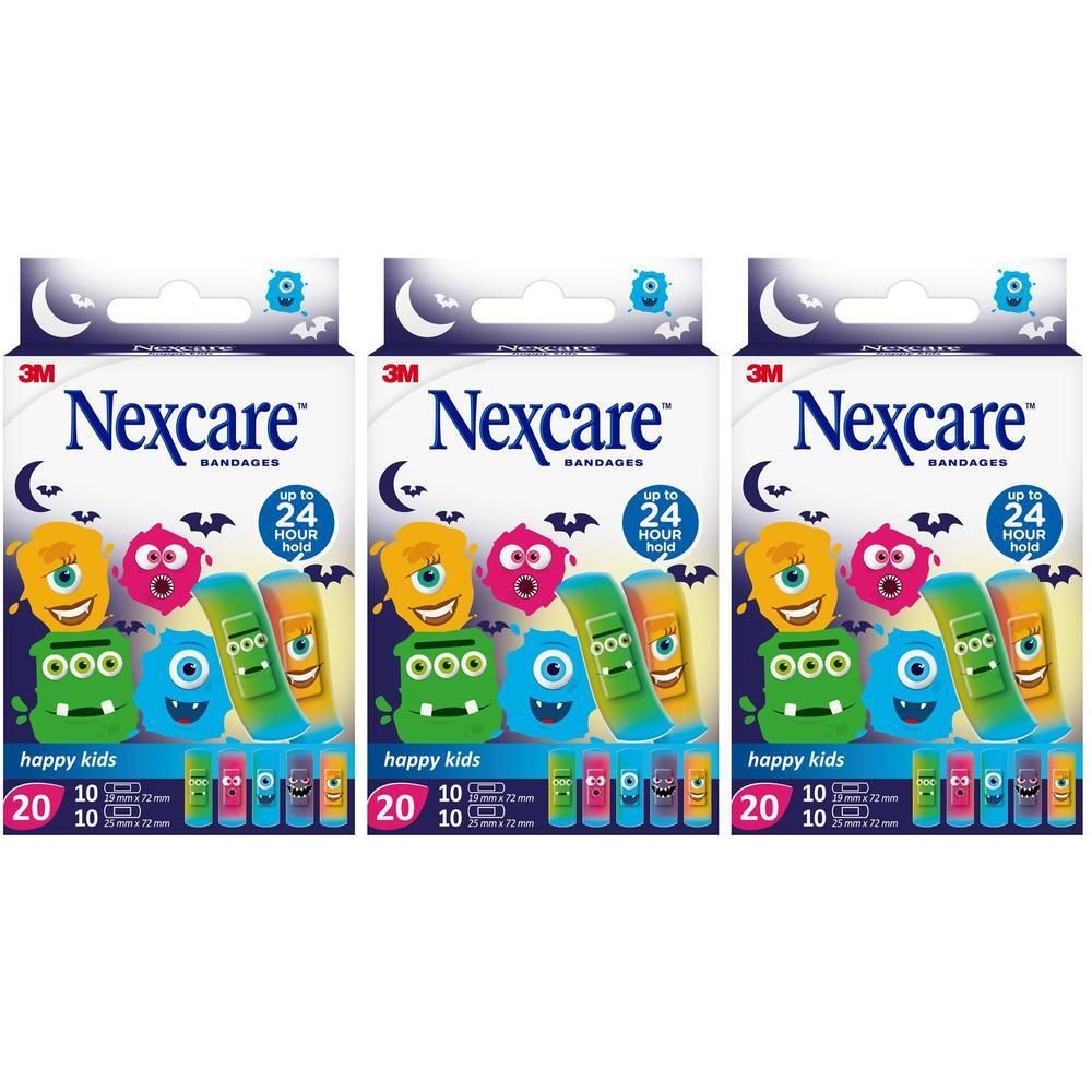 Trois boîtes de pansements Nexcare Happy Kids avec motifs monstres.