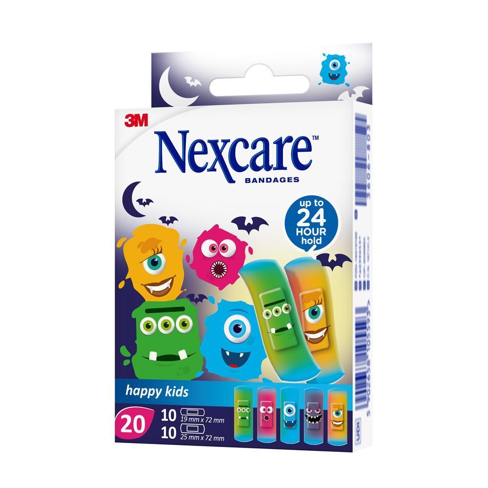 Une boîte de pansements Nexcare Happy Kids avec des designs colorés de monstres.