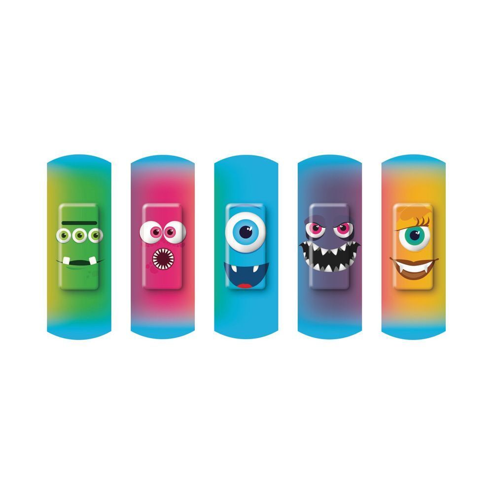 Vijf Nexcare Happy Kids pleisters met verschillende monstergezichten.