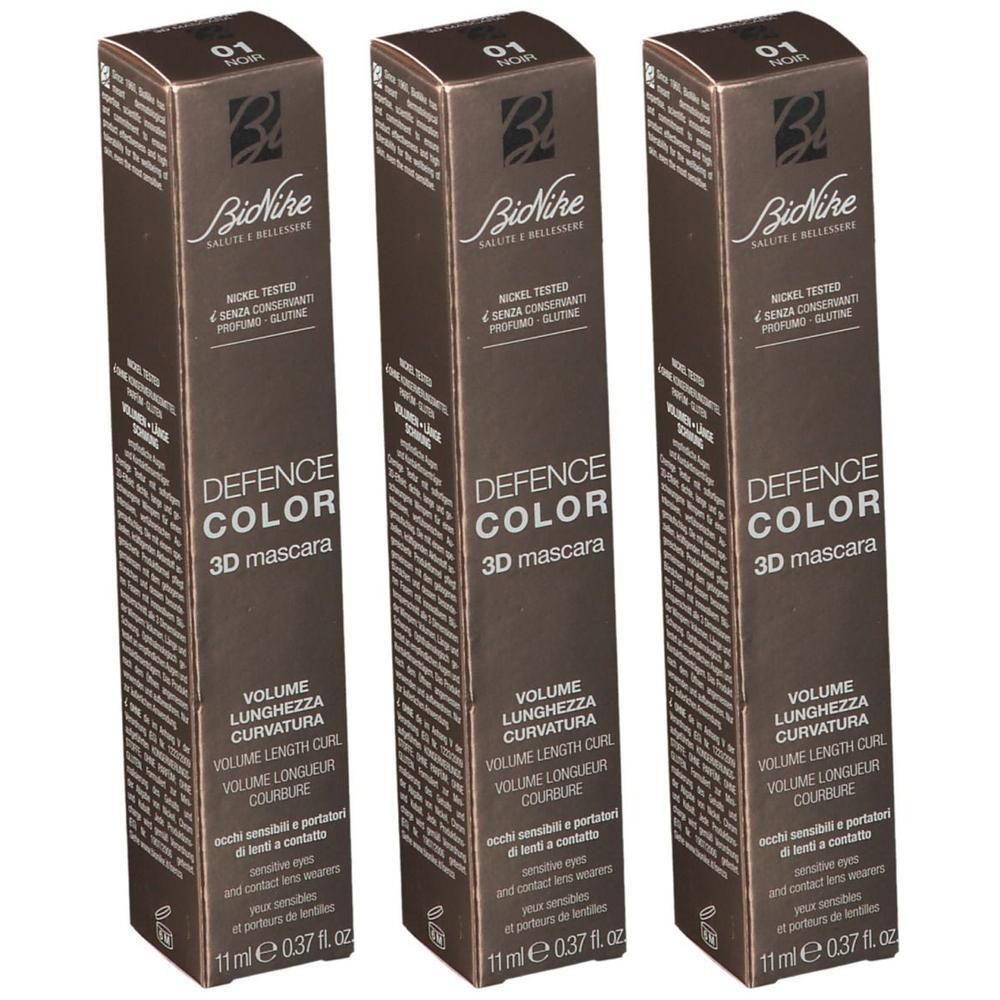 Drie verpakkingen BioNike Defence Color 3D Mascara, kleur 01 Noir.