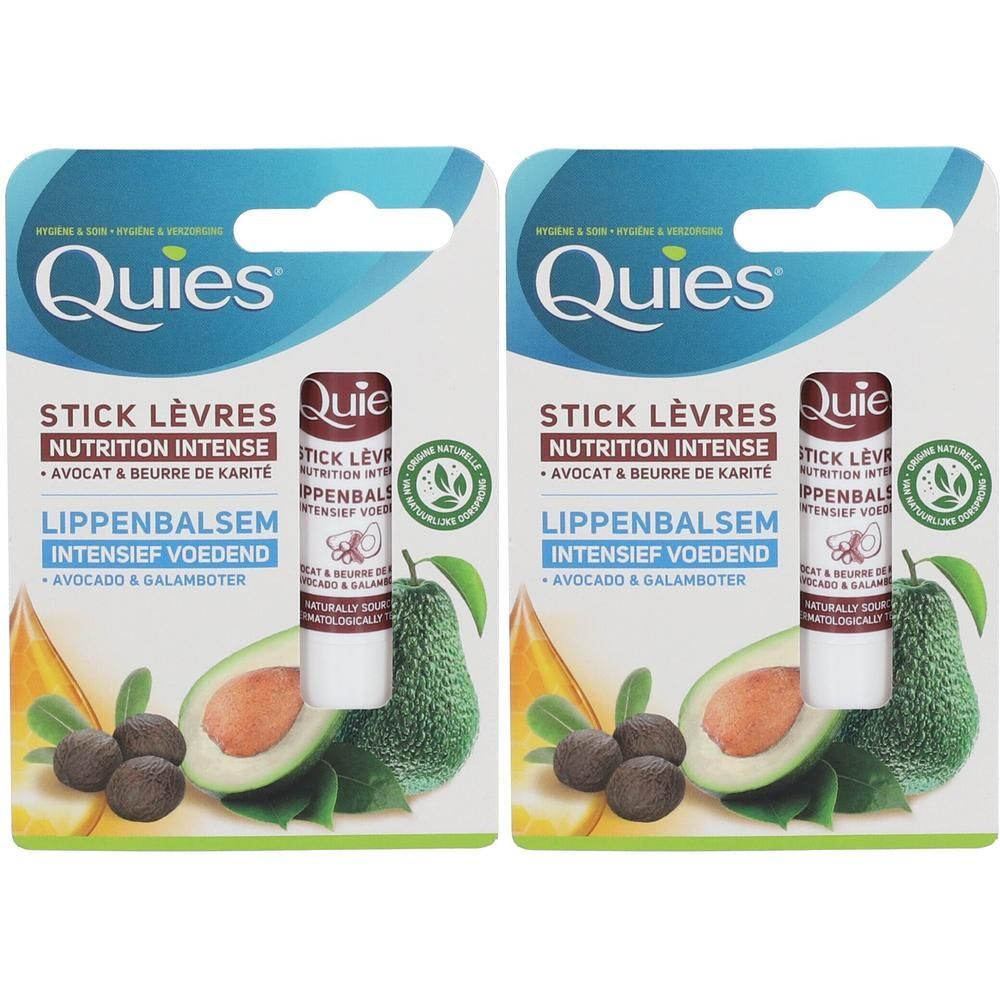 Deux sticks lèvres Quies Nutrition Intense Avocat & Beurre de Karité. Soin nourrissant.
