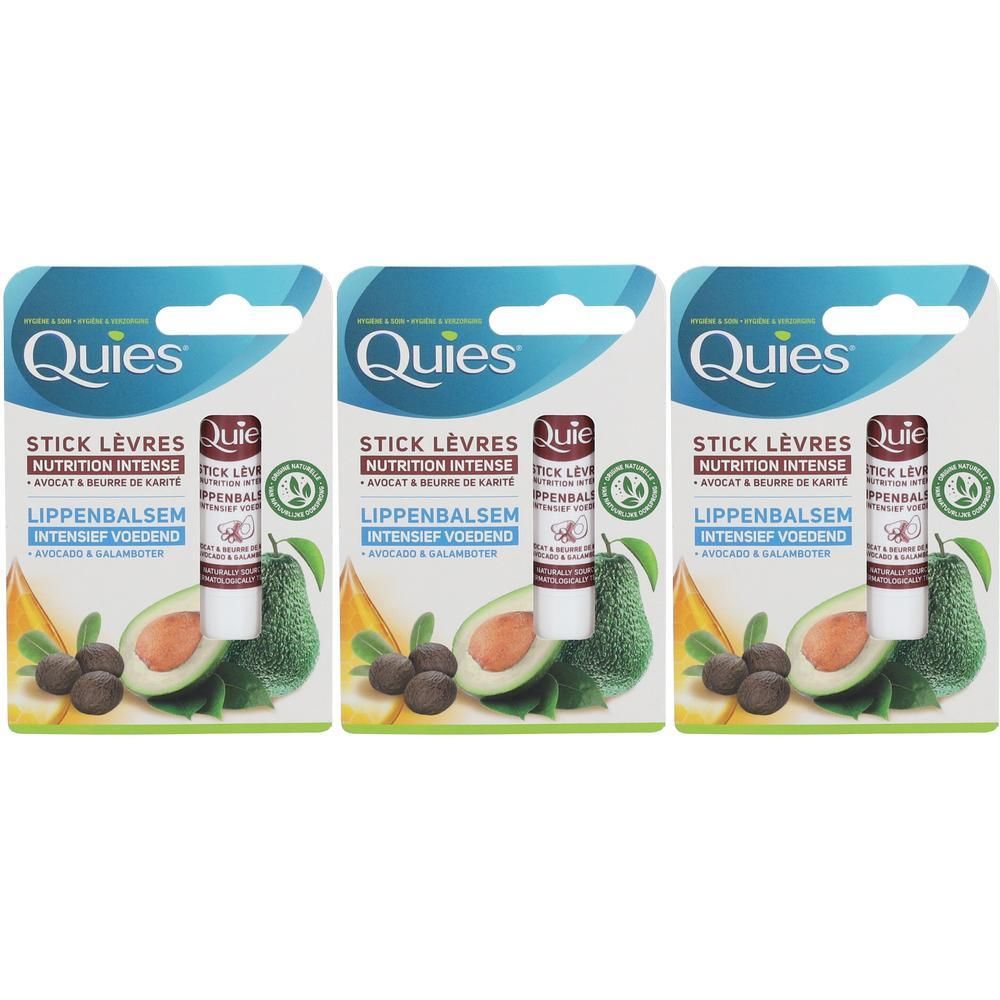 Drie Quies lippenbalsem sticks met avocado en shea boter, intens voedend.