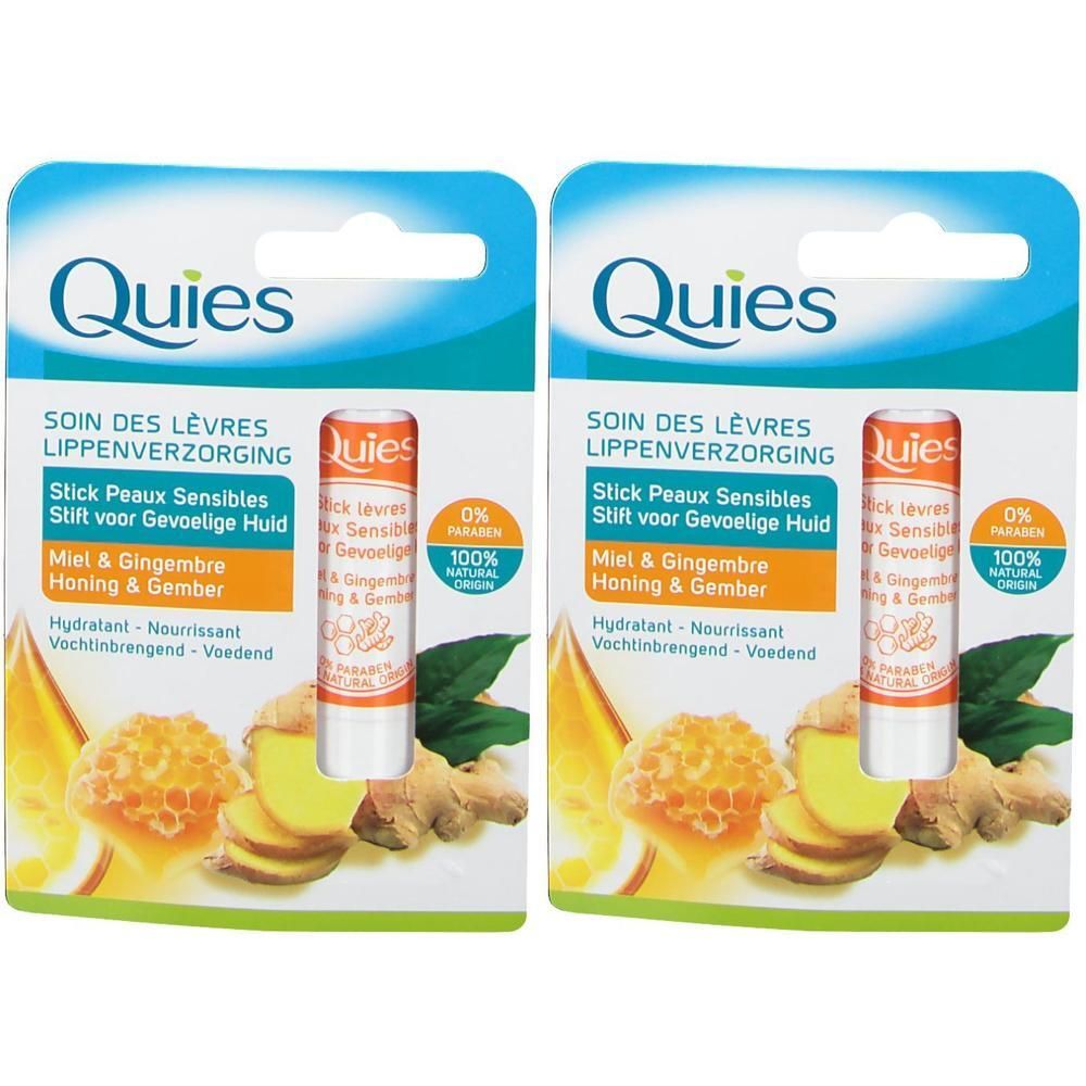 Deux sticks lèvres Quies Peau Sensible Miel & Gingembre. Soin hydratant.