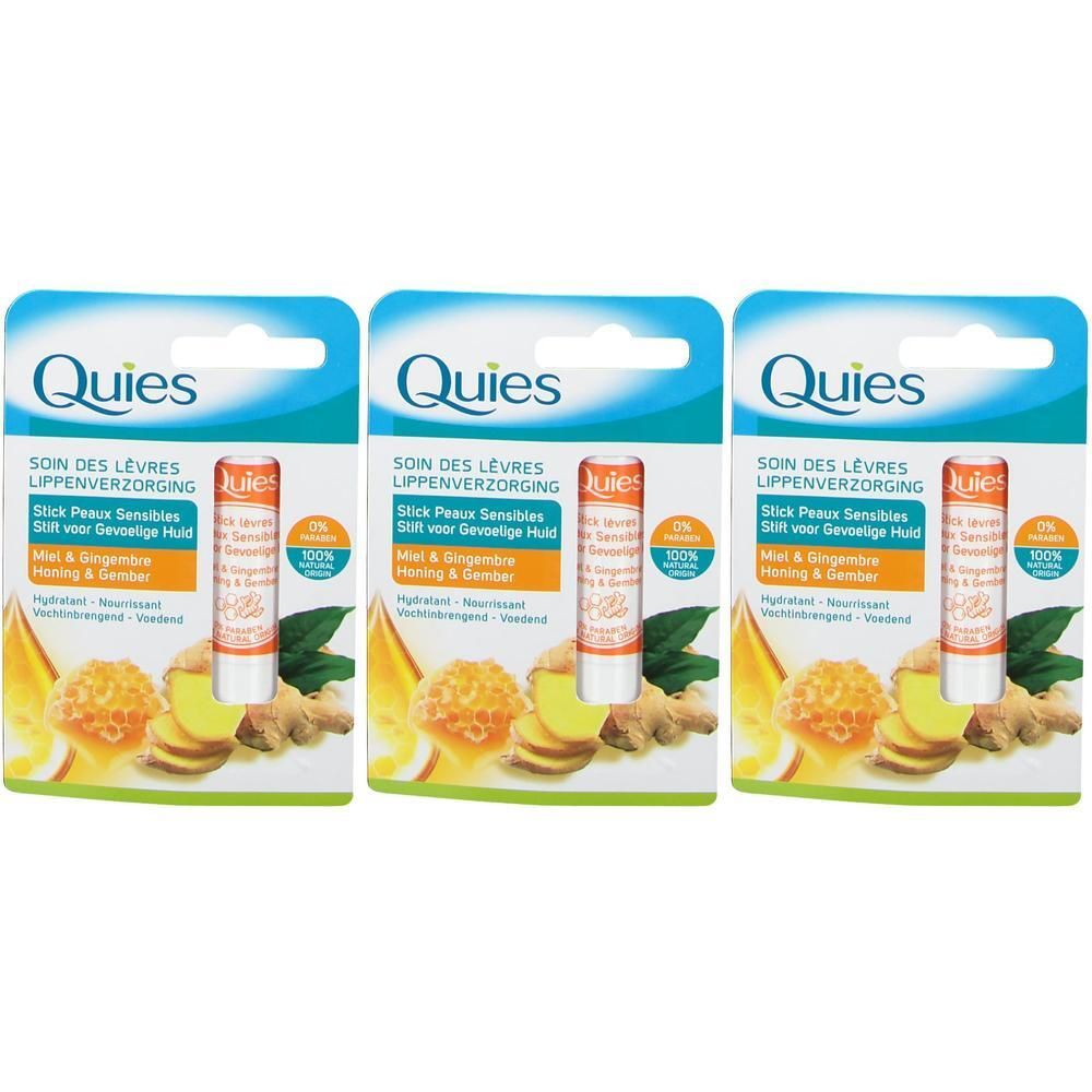 Trois sticks lèvres Quies Miel & Gingembre pour peaux sensibles.