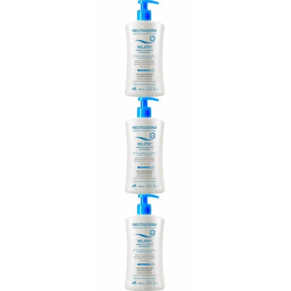 Trois flacons pompe blancs avec distributeur bleu contenant la Crème de Douche Neutraderm Relipid+.