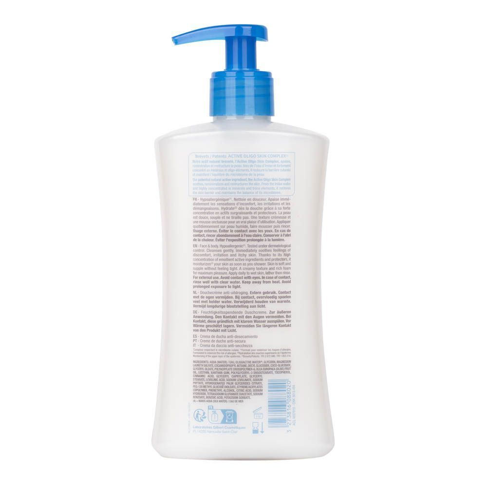 Achterkant van de Neutraderm Relipid+ Douchecrème fles met gebruiksinstructies.