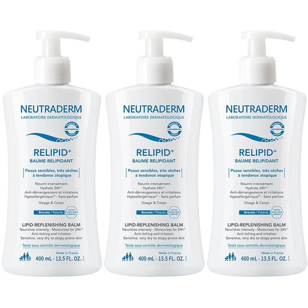 Drie witte Neutraderm Relipid+ Baume pompflesjes met dispensers.