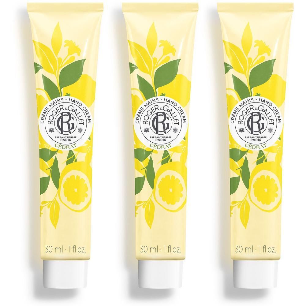 Drie tubes handcrème met citroenmotief. Elke tube toont het Roger & Gallet logo en 30 ml.