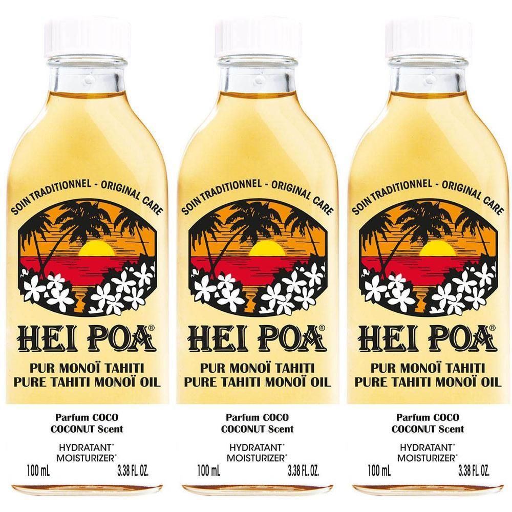 Drie flessen HEI POA Pure Monoi Tahiti Olie met kokosgeur.