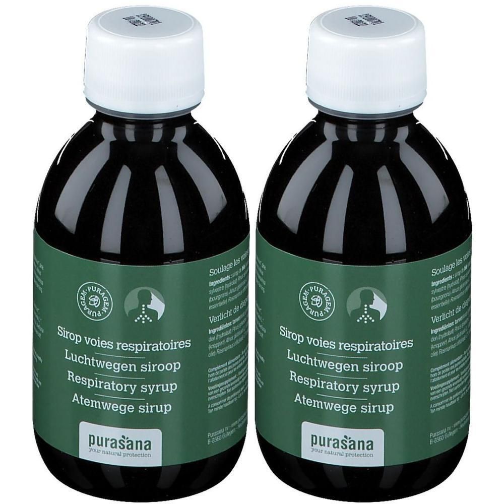 Deux bouteilles en verre foncé avec bouchon blanc, contenant du sirop pour les voies respiratoires.