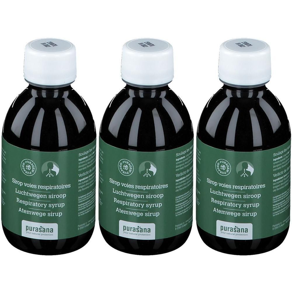 Trois bouteilles de Purasana Sirop Voie Respiratoire, liquide brun foncé, étiquettes vertes avec bouchon blanc.