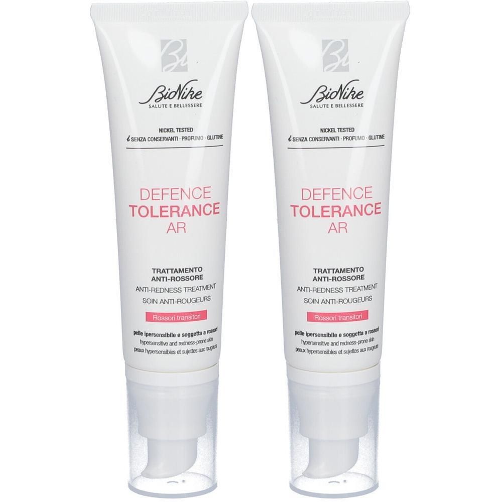 Twee BioNike Defence Tolerance AR anti-roodheid crèmetubes met pompdispenser.