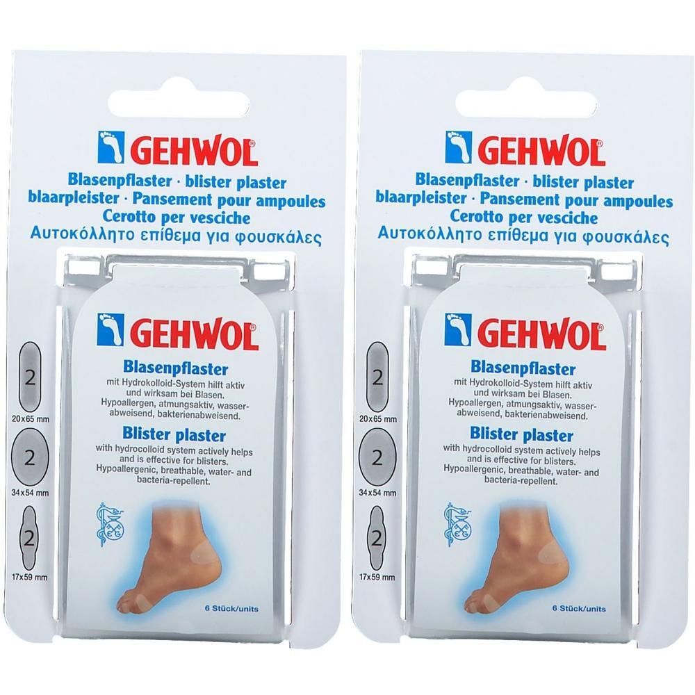Deux paquets de pansements ampoules GEHWOL avec système hydrocolloïde. Chaque paquet contient 2 pansements de tailles 20x65mm, 34x54mm et 17x50mm.