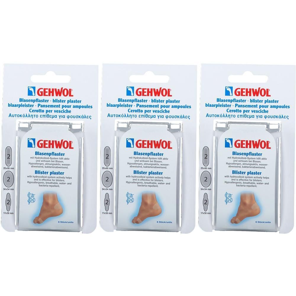 Drie pakken GEHWOL blarenpleisters met hydrocolloïd-systeem voor de voet.