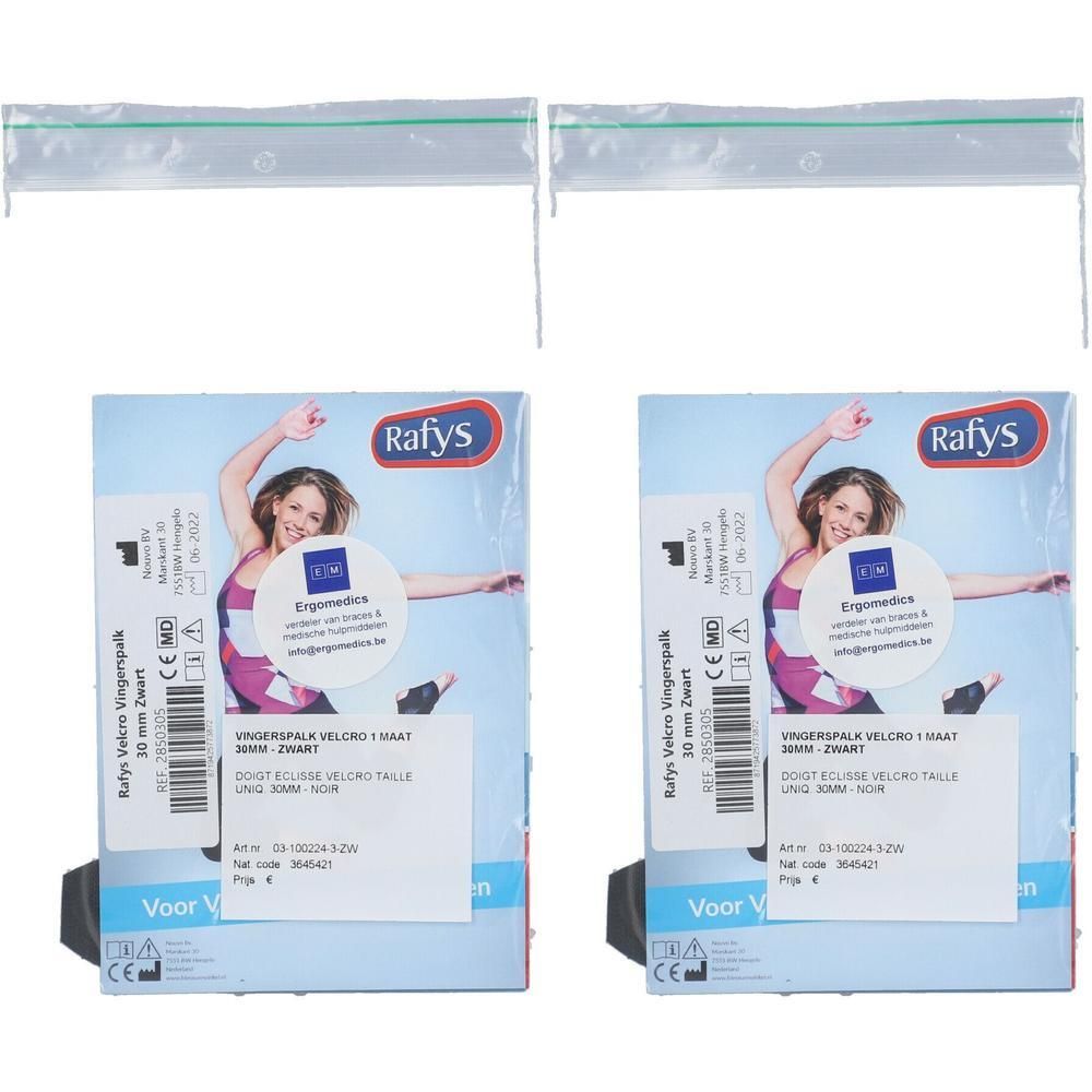 Twee Rafys Vingerspalk Velcro 30mm, zwart. Verpakking met vrouw in sportkleding.