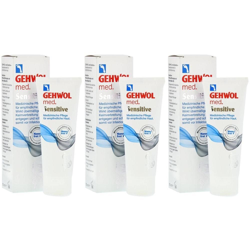 Trois tubes de crème GEHWOL med. Sensitive avec boîtes pliantes. Soin médical des pieds pour peaux sensibles.