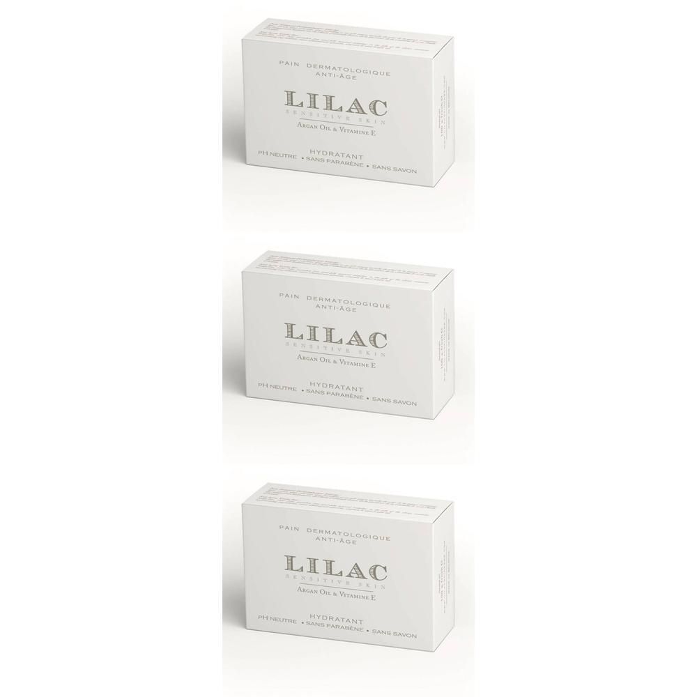 Trois boîtes blanches de savon Lilac Anti-Âge à l'Huile d'Argan. Texte en français et allemand.