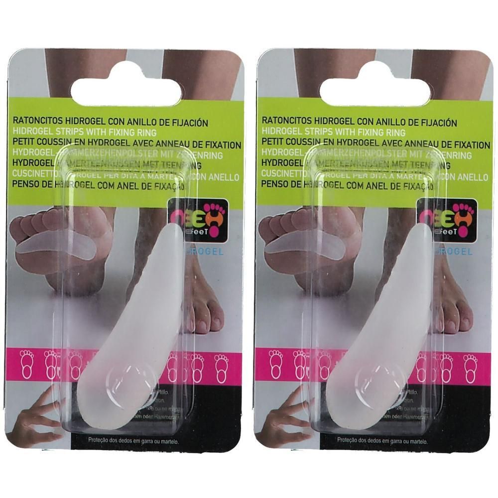 Deux paquets de coussinets de talon en hydrogel avec anneau de fixation. Gel transparent avec anneau blanc.