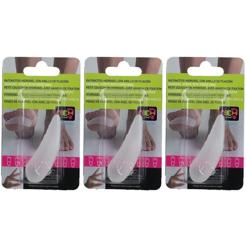 Trois coussinets hydrogel pour pieds avec anneau de fixation.