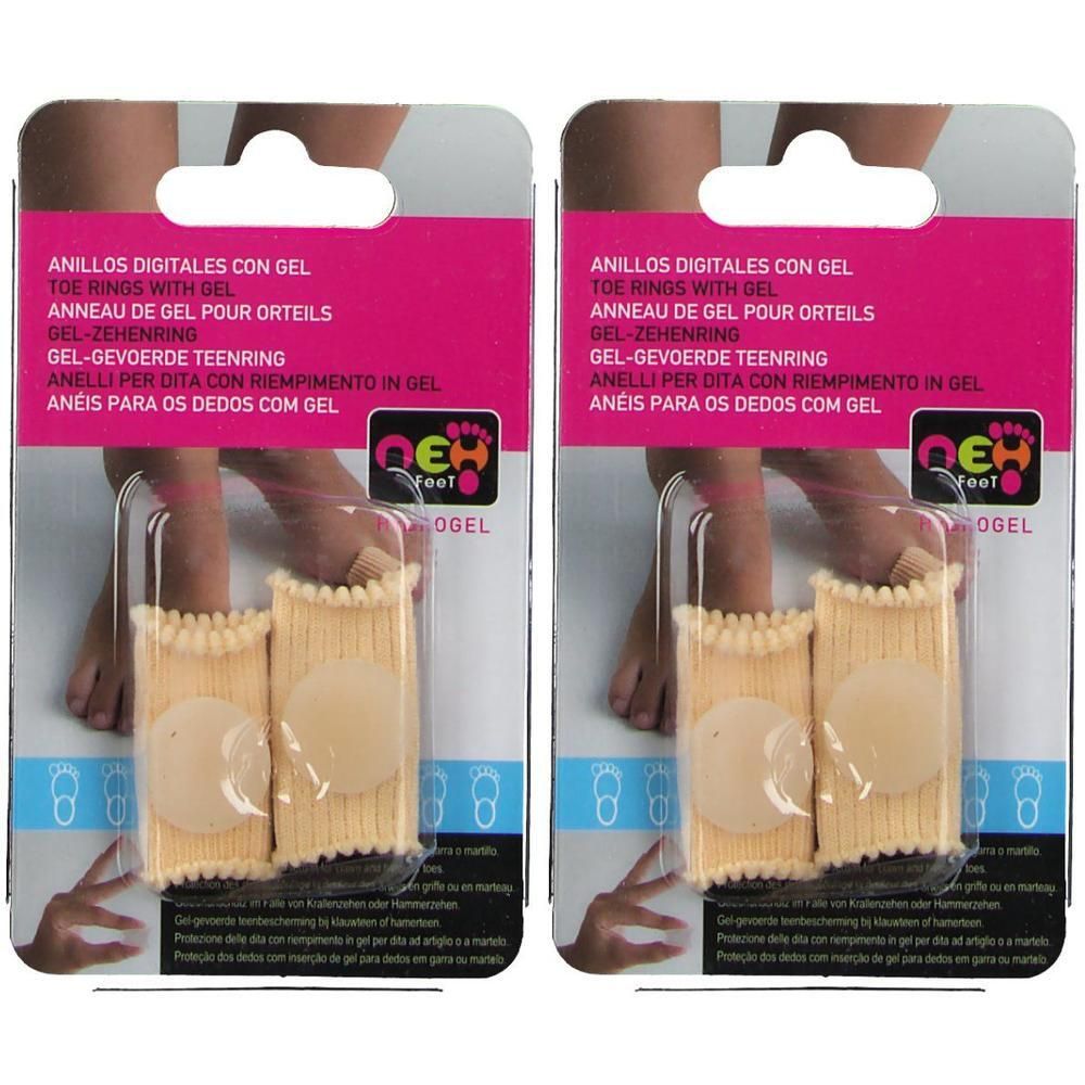 Deux anneaux de doigts en tissu avec rembourrage gel et un coussinet gel pour séparer les doigts.