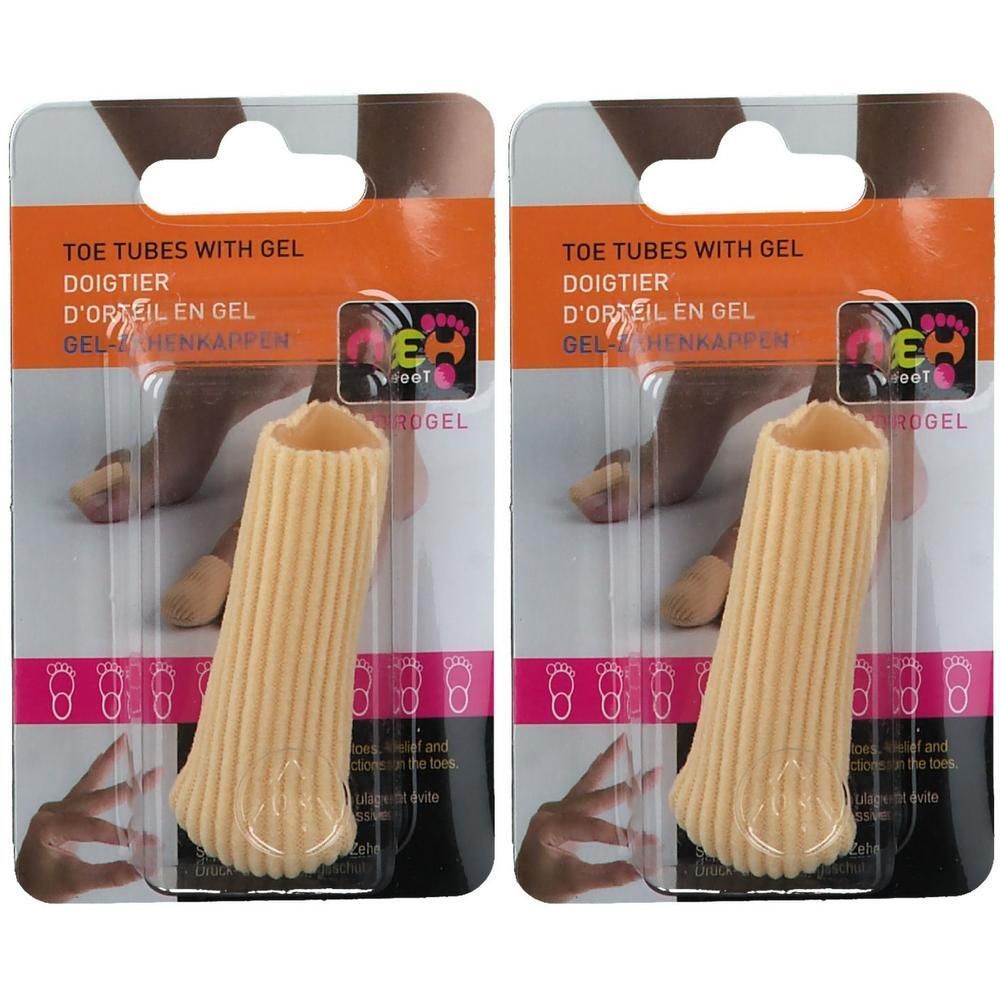 Twee verpakkingen met elk een geribbelde, gele gel teenbeschermer.