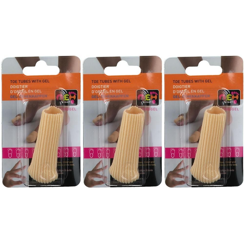 Drie verpakkingen teenbeschermers van gel met geribbeld design.