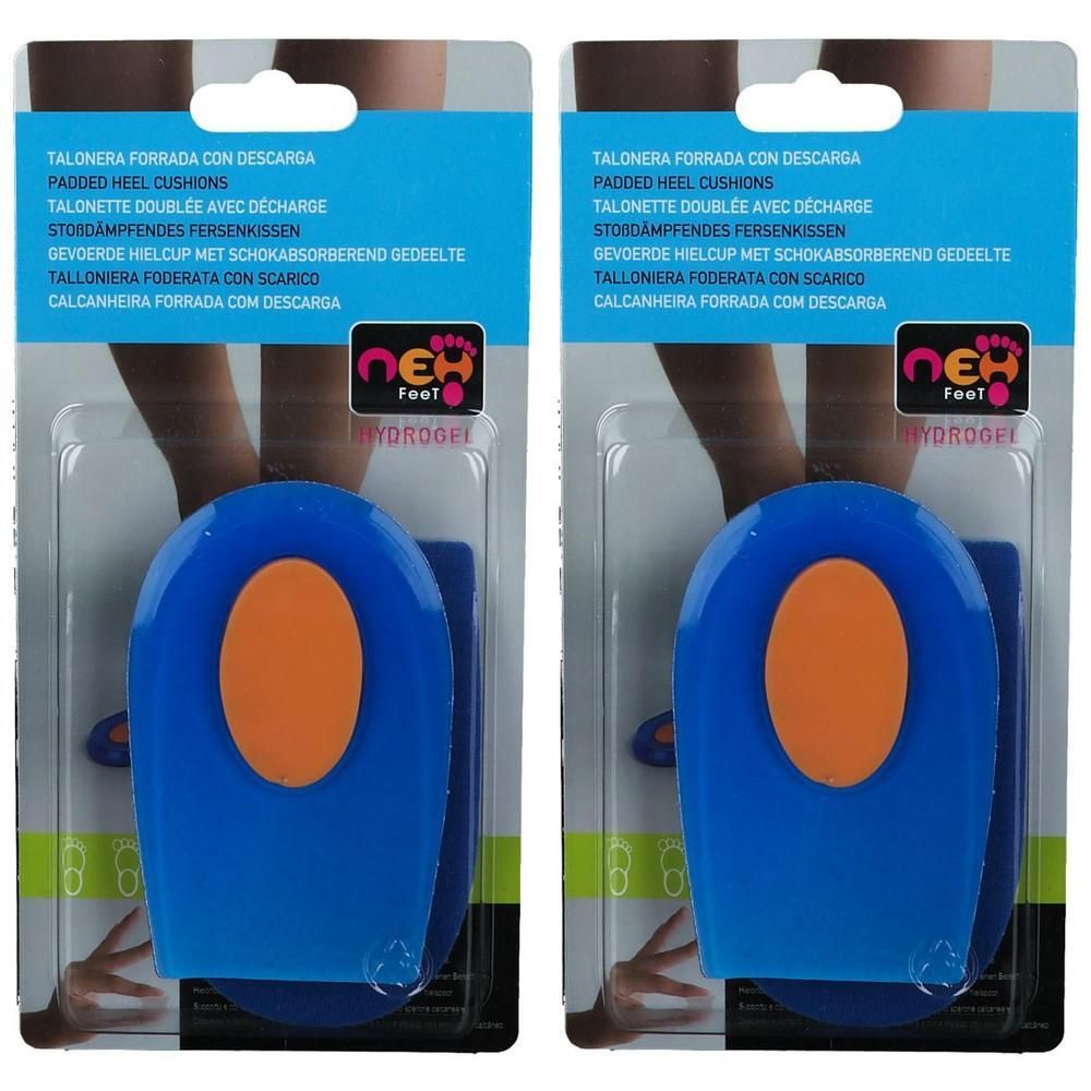 Deux talonnettes bleues avec insert orange, hydrogel.